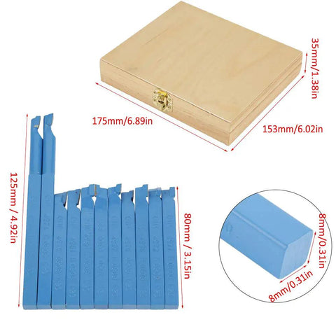 11 Piece 8X8Mm Carbide Tipped Lathe Tool Set Featuring Rock Solid Welding Milling Cutting Turning Bits Knockout Heavy Duty Kit For Real Shops And Weekend Warriors in a wooden case with dimensions labeled.