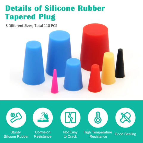 200-Piece Silicone Rubber Tapered Plug Set With High Temperature Resistant Stoppers And Protective End Caps in 8 sizes.