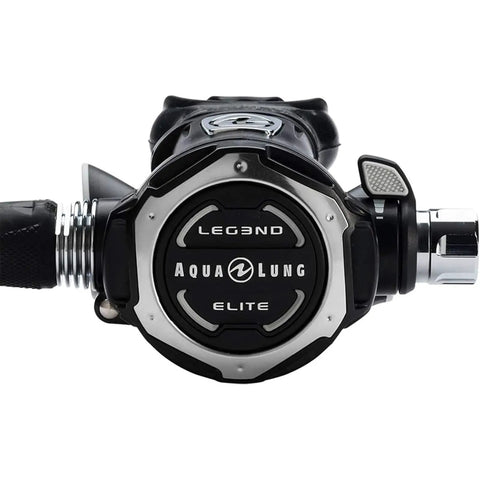 Close-up of Leg3nd Elite Cold Water Scuba Regulator For Extreme Environments with logo and venturi switch, black color.