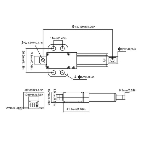 Technical diagram of Compact 15mm Stroke Linear Actuator 12V 150N Thrust 4mm per second built in limit switch aluminum body