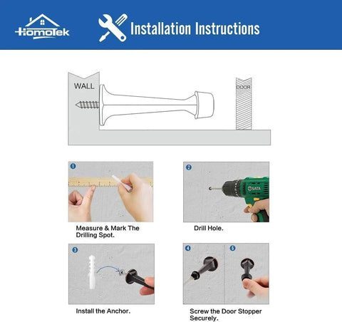 Installation instructions for Hefty Zinc Die Cast Door Stops Four Pack with steps to measure, drill, and secure to wall.
