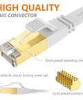 Cat8 Ethernet Cable 10 Ft White Ultra Fast Flat Patch Cable With Ground Wire And Shielding Gold Plated RJ45 For PS5 PS4 Xbox Router PC NAS Indoor Outdoor High Speed 2000 MHz 40 Gbps showing gold plated connector and detailed design