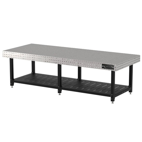 Hella Tough Heavy Duty Welding Fixture Table 120 By 48 By 36 Inches with precision laser cut holes and sturdy black frame.