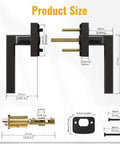 Product diagram showing dimensions of Matte Black Interior Door Lever With Square Plate, Reversible Left Or Right Handing.