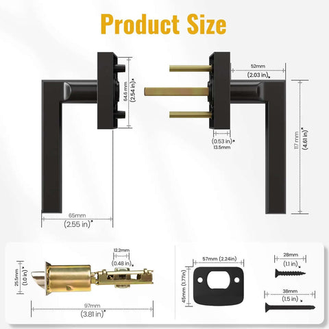 Product diagram showing dimensions of Matte Black Interior Door Lever With Square Plate, Reversible Left Or Right Handing.