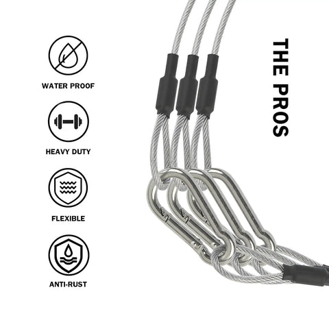 One Eighth Inch Stage Light Cables Twenty Pack Two Feet Long Safety Cables With Carabiner Lock, waterproof and anti-rust features.