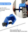 Rugged Chain Alignment Tool For Motorcycles And ATVs, blue clamp mount aligning sprocket for precise chain placement.
