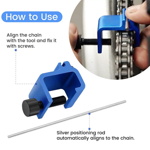 Rugged Chain Alignment Tool For Motorcycles And ATVs, blue clamp mount aligning sprocket for precise chain placement.