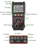 DIY Ready Pro Grade TRMS Multimeter With 4000 Counts 600V DC AC Testing Auto-Ranging NCV Live Wire Detection Resistance Continuity Temperature And More For Auto Home And Electrical Projects showing function keys and features
