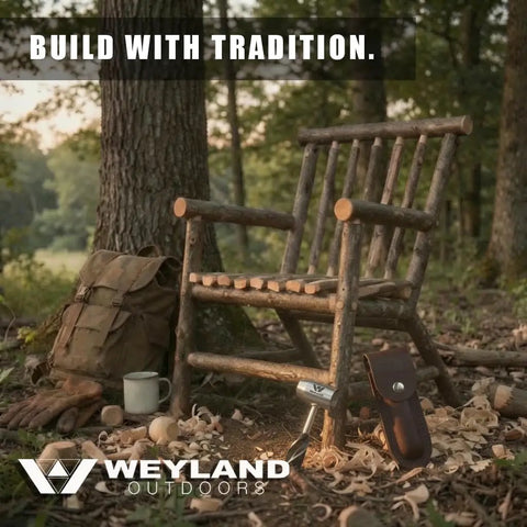Wooden chair with Rugged Bushcraft Settlers Hand Auger With Scotch Eye And Peg Maker, surrounded by outdoor gear in a forest.