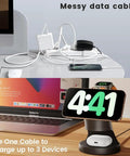 Comparison of messy data cables vs. 3-In-1 Wireless Charging Station For iPhone 17 16 15 14 13 12 Pro Max Plus Mini, AirPods 2 3 4 Pro, And Watch Ultra 11 10 9 8 7 SE MagSafe Charger Dock with devices