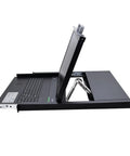 Top Shelf 1U Rackmount Kvm Console With Integrated 19 Inch Monitor Full Size Keyboard Touchpad showing monitor raised and keyboard.