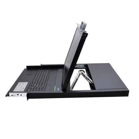 Top Shelf 1U Rackmount Kvm Console With Integrated 19 Inch Monitor Full Size Keyboard Touchpad showing monitor raised and keyboard.