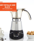Heavy Duty Cast Aluminum Electric Espresso Maker Brews Three Or Six Cups, grey metallic and black design with detachable warming base.