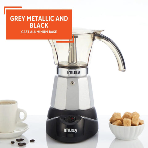 Heavy Duty Cast Aluminum Electric Espresso Maker Brews Three Or Six Cups, grey metallic and black design with detachable warming base.