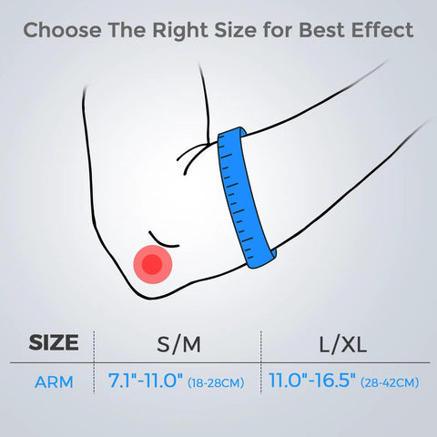 Size chart for Elbow Brace For Tendonitis And Tennis Elbow With Gel Pad, adjustable forearm strap fits 7.1 to 11 inches
