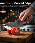 Hand slicing tomato with Two Pack Hand Forged Chef Knife And Cleaver Set For Home Cooking And Camping, sharp blade visible.