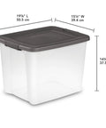 Heavy Duty Clear Plastic Storage Bins 50 Quart Stackable Totes With Secure Latches For Home Garage Organization 24 Pack side view with dimensions