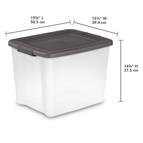 Heavy Duty Clear Plastic Storage Bins 50 Quart Stackable Totes With Secure Latches For Home Garage Organization 24 Pack side view with dimensions