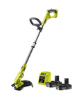 Pro Grade 18 Volt Cordless Grass Trimmer With Dual 2.0 Ah Batteries And Telescopic Handle, showing trimmer, dual batteries, and charger.