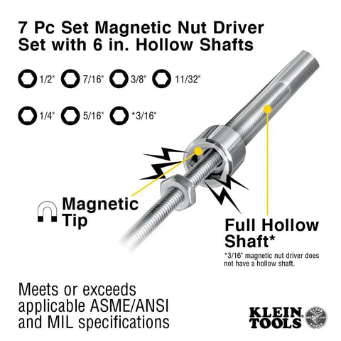 7-Piece Magnetic Nut Driver Set With Hollow Shafts, 6-Inch, Sizes 3/16 1/4 5/16 11/32 3/8 7/16 1/2 Inch, Cushion Grip Handles, Rare-Earth Tips, Color-Coded Domes, Internal Flanges, Made In USA