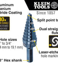 Step Drill Bit Set With Double Flutes For Clean Cuts And Easy Read Markings, 1/4 To 3/4 Inch, 3/8 Inch Hex Shank, Aluminum Titanium Nitride Coated