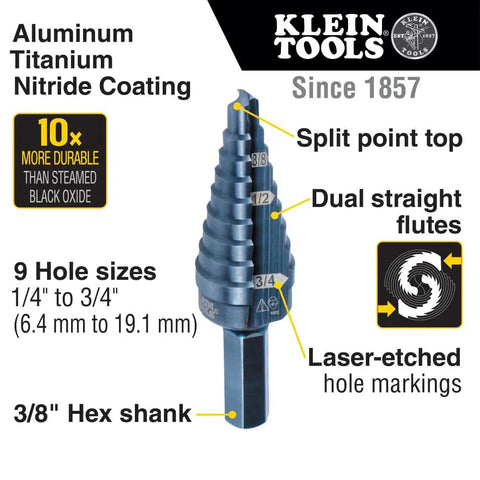 Step Drill Bit Set With Double Flutes For Clean Cuts And Easy Read Markings, 1/4 To 3/4 Inch, 3/8 Inch Hex Shank, Aluminum Titanium Nitride Coated