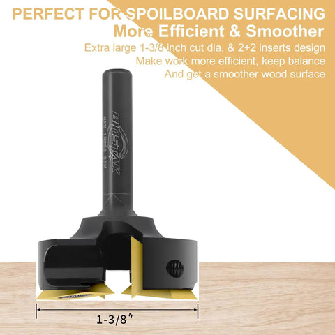 Slab Flattening Router Bit With Two Plus Two Carbide Inserts, One Quarter Inch Shank, One And Three Eighths Inch Cutting Diameter