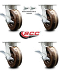 Heavy Duty Kingpinless Swivel Caster Set Of Four With Six Inch High Temp Glass Filled Nylon Wheels Bronze Bearings shown from different angles.