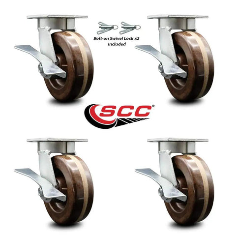 Heavy Duty Kingpinless Swivel Caster Set Of Four With Six Inch High Temp Glass Filled Nylon Wheels Bronze Bearings shown from different angles.