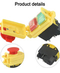Heavy Duty Waterproof Five Pin Electromagnetic Pushbutton Switch With IP54 Seal And No Volt Release For Mini Metal Lathe And Job Site Power Tools Yellow Black details showing buttons and connectors.