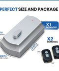 Smart Remote Door Lock Upgrade For Existing Deadbolt With 30 Second Tool Free Install, Automatic Keyless Entry, Conversion Kit And Two Wireless Remotes, Supports 80 Foot Range For Easy No Fuss Home Security showing dimensions and components