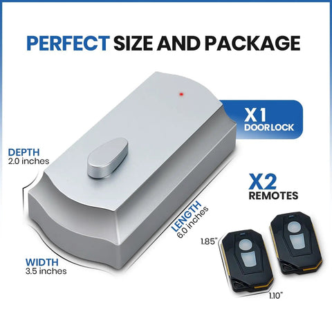 Smart Remote Door Lock Upgrade For Existing Deadbolt With 30 Second Tool Free Install, Automatic Keyless Entry, Conversion Kit And Two Wireless Remotes, Supports 80 Foot Range For Easy No Fuss Home Security showing dimensions and components