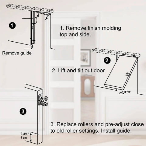 Installation instructions for Pocket Door Roller Replacement Kit With 1 Inch O D Wheels For 100, 134F, 138F, 2610F Track Systems