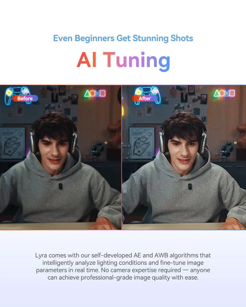 Before and after AI Tuning comparison using Hella Crisp 4K Webcam With Massive 1.5 Inch Sensor And Killer Low Light Vision Plus Smooth AI Auto Framing Tracking For Zoom TikTok Live Streaming With Direct Wireless Mic Support And Privacy Lock.