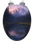 Elongated Resin Toilet Seat for Bathroom with mountain landscape design, measures 14.5" x 18.5", suitable for various toilets.