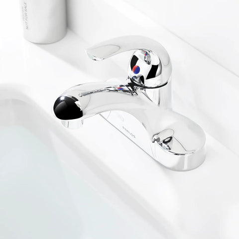 Single Handle Mid Arc Centerset Bathroom Sink Faucet With Chrome Finish Metal Push And Seal Drain cUPC Certified NSF 61 Lead Free 4 Inch Centerset 3 Hole Mount Includes Faucet Supply Lines Easy Temperature Control