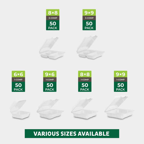 Image showing Eight By Eight Inch Compostable Clamshell Containers Pack Of Fifty Biodegradable Sugarcane To Go Boxes with various sizes.