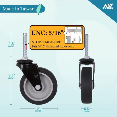 Three Inch TPR Silent Caster Wheels With Five Sixteenths Threaded Stem Soft Rubber Non Marking Hassle Free Glide Rollers For Cabinets Kitchen Islands And Retail Shelving Set Of Four with measurements displayed.