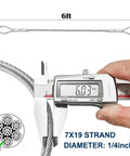Measuring caliper shows diameter of One Quarter Inch Wire Rope Kit With Seventy Five Feet Heavy Duty Galvanized Cable, 7x19 strand.