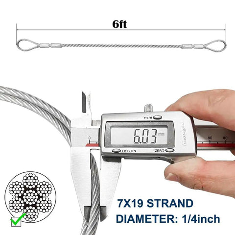 Measuring caliper shows diameter of One Quarter Inch Wire Rope Kit With Seventy Five Feet Heavy Duty Galvanized Cable, 7x19 strand.