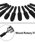 Roll Up Your Sleeves And Get Work Done Fast With This Rock Solid 10 Piece Rotary Rasp File Set Featuring A Standard Quarter Inch Hex Shank Engineered To Crunch Through Hardwood Or Softwood Like Butter, showing black rotary rasp files.
