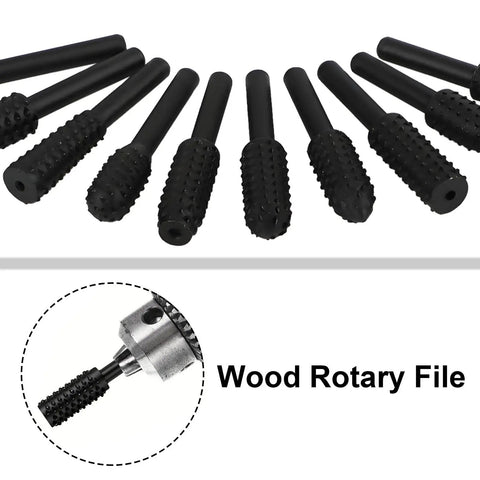 Roll Up Your Sleeves And Get Work Done Fast With This Rock Solid 10 Piece Rotary Rasp File Set Featuring A Standard Quarter Inch Hex Shank Engineered To Crunch Through Hardwood Or Softwood Like Butter, showing black rotary rasp files.