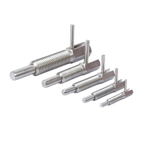 Top Shelf Hella Tough L Handle Indexing Plunger Bolt VCN233 Tooling Pin Stainless Carbon Steel M6 M8 M10 M12 M16 specs in varying sizes.