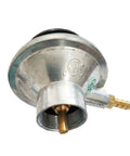 Close-up of One Pound Propane Tank Low Pressure Adjustable Gas Regulator With One Quarter Inch Barb Hose Connection For One Quarter Inch ID Hose Only High Flow Up To 47600 BTU Per Hour Pro Grade showing barb hose fitting
