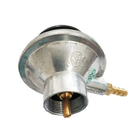 Close-up of One Pound Propane Tank Low Pressure Adjustable Gas Regulator With One Quarter Inch Barb Hose Connection For One Quarter Inch ID Hose Only High Flow Up To 47600 BTU Per Hour Pro Grade showing barb hose fitting