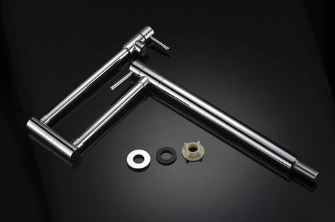 Deck Mount Pot Filler Faucet In Chrome Finish With Extension Shank And 20 Inch Dual Swing Joints Spout on black background.