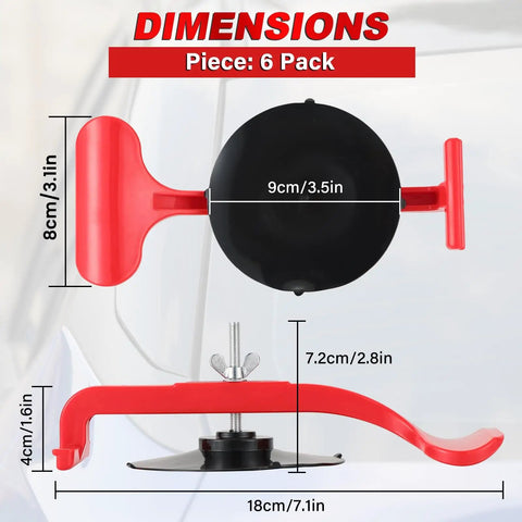 Six Piece Suction Cup Clamp Set For Glass And Windshield Repair Hands Free Gluing Tool Kit dimensions illustration.