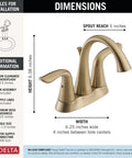 Diagram showing dimensions of Brushed Gold Centerset Bathroom Faucet with Four Inch Three Hole Vanity Setup, Champagne Bronze Finish.