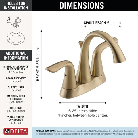 Diagram showing dimensions of Brushed Gold Centerset Bathroom Faucet with Four Inch Three Hole Vanity Setup, Champagne Bronze Finish.